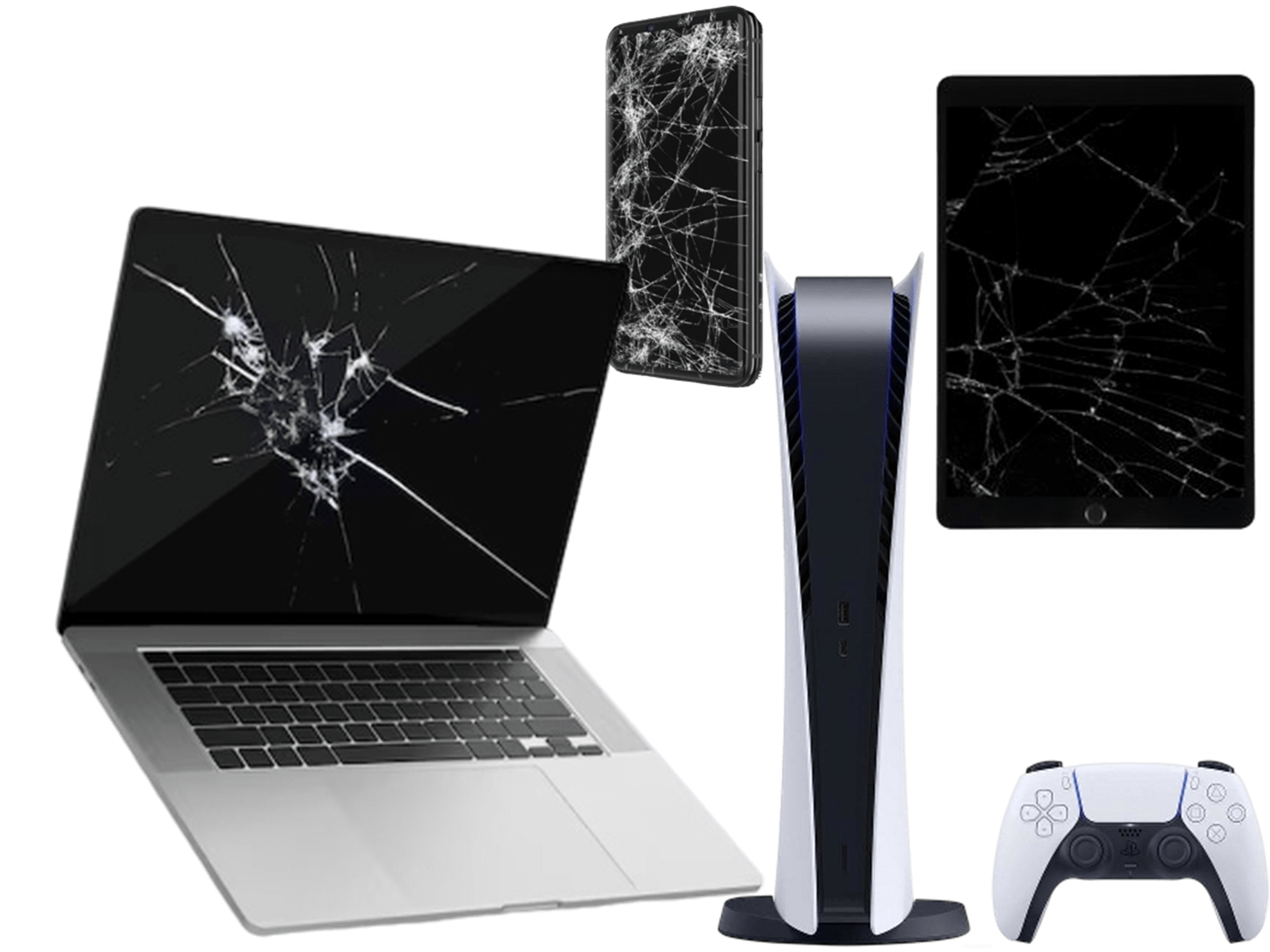 Cracked phone, tablet, laptop, and console ready for repair at LML Seattle